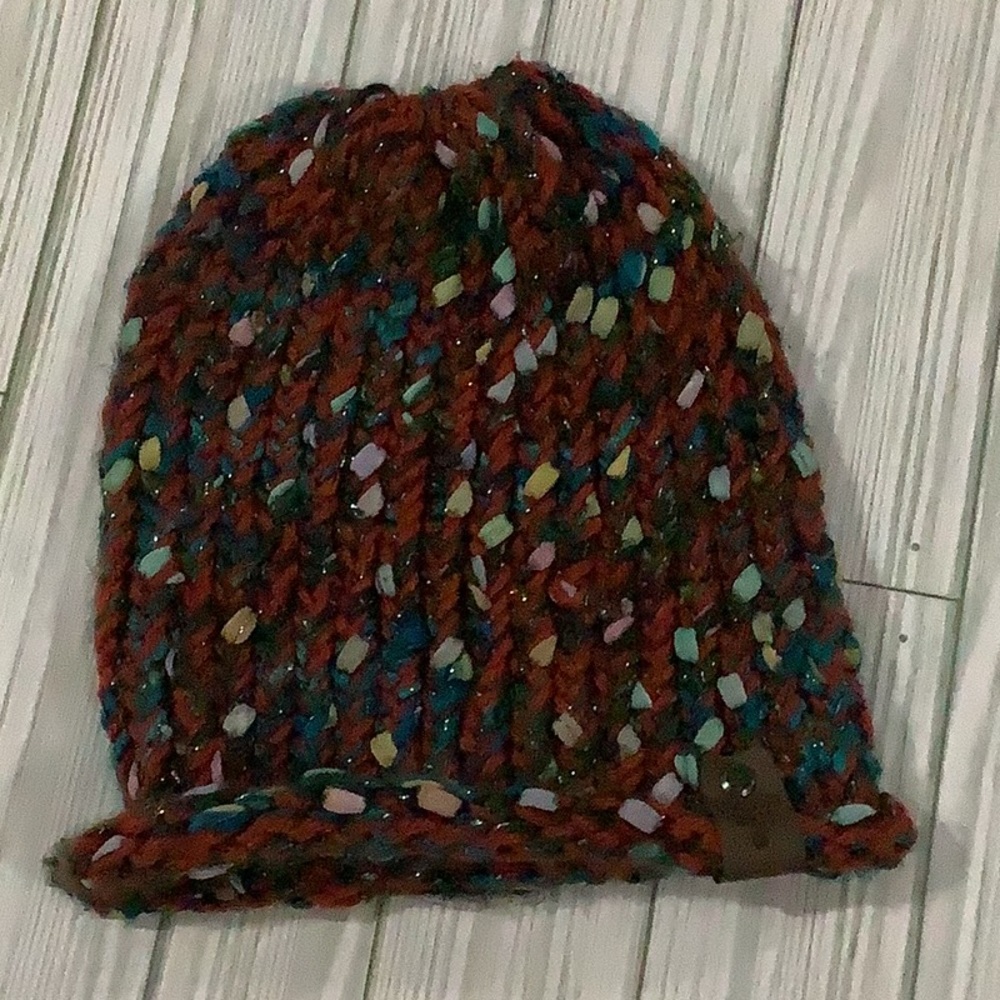 Handmade knitted blue orange sparkling winter hat